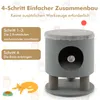 An image showing a cat tree and instructions for assembly, along with a cartoon cat and a food bowl. Náhľad obrázku produktu