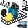 A collage of images showing a black metal shower shelf with suction cups, a blue soap dispenser, and a yellow sponge. Podgląd zdjęcia produktu