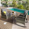 A rattan balcony set with gray cushions and a small glass-topped table is placed on a wooden deck next to a swimming pool. Podgląd zdjęcia produktu