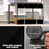 A collage showing a transparent outdoor curtain attached to a pergola, a close-up of black material, and a digital caliper measuring thickness. Produktbild-Vorschau