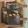 A two-tier pull-out organizer for kitchen or bathroom cabinets, filled with various bottles and jars. Produktbild-Vorschau