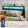 A bed with a headboard featuring LED lighting, shown with pillows and a remote control, and a smartphone displaying a color selection app. Náhled obrázku produktu