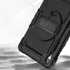 Close-up of the back of a black tablet case with a built-in stand and hand strap. Produktbild-Vorschau