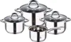 A set of four stainless steel pots with glass lids, arranged on a white background. Produktbild-Vorschau