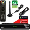 A collage of a TV receiver box, remote control, antenna, and promotional material. Produktbild-Vorschau