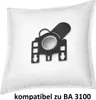 A white vacuum cleaner dust bag with a black plastic fitting. Produktbild-Vorschau