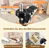 A collage of images showcasing bed features, including wheels, a mattress stopper, and a locking mechanism. Náhled obrázku produktu