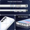 Collage of images showing a clear phone case with precise cutouts and an anti-dust design. Produktbild-Vorschau