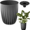 A gray planter with a decorative ribbed texture is shown next to a smaller planter with a plant inside. A black drainage insert is also visible. Voir les images du produit