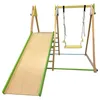 A wooden play set with a slide and a swing, shown against a white background. Produktbild-Vorschau
