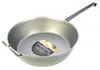 A metal frying pan with a long handle and a small loop handle on the opposite side, placed on a white background. A circular label is affixed to the inside of the pan. Produktbild-Vorschau