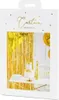 A product box for a gold fringe curtain backdrop, with a sample of the curtain and a staged party scene visible through the packaging window. Produktbild-Vorschau