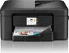 A black Brother 3-in-1 inkjet printer is shown from the front, with a sheet of paper partially printed and emerging from the output tray. Produktbild-Vorschau