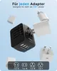 A black universal travel adapter with USB ports is shown floating in the center, surrounded by various plug adapters and text. Náhled obrázku produktu