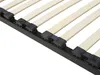 A close-up view of a bed frame's wooden slats and black metal support structure. Náhled obrázku produktu