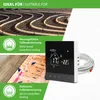 A digital thermostat is shown next to images illustrating its suitability for water-based and electric underfloor heating systems. Produktbild-Vorschau
