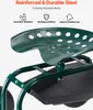 Close-up of a green garden seat with text overlays highlighting its features. Produktbild-Vorschau