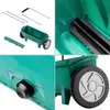 A collage of four close-up images showing different parts and assembly of a green wheeled spreader. Podgląd zdjęcia produktu