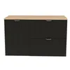 A front view of a black vanity cabinet with a wooden top and ribbed doors. Podgląd zdjęcia produktu