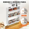 A white shoe cabinet with multiple shelves filled with shoes and accessories, set against a white wall and wooden floor. Insets highlight adjustable and removable panels. Náhľad obrázku produktu