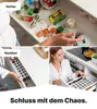 Vorher-Nachher-Vergleich einer unordentlichen Gewürzschublade versus einer organisierten mit einheitlichen Gewürzgläsern und einem Schubladen-Organizer Produktbild-Vorschau