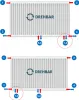 Diagrams illustrating different connection options for a radiator. Produktbild-Vorschau