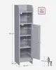 A narrow, gray bathroom cabinet with its door open, displaying its shelves and dimensions. It includes a graphic indicating weight capacity and a silhouette of a person for scale. Podgląd zdjęcia produktu