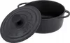A black cast iron pot with its lid slightly ajar, shown from a diagonal angle against a white background. Produktbild-Vorschau