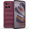 A burgundy phone case is shown next to a smartphone displaying the time and date. Produktbild-Vorschau