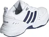 A white Adidas sneaker with blue stripes and accents, shown from a side-rear angle. Voir les images du produit