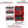 An open red and white tool case containing multiple bits and accessories, with descriptive text overlays highlighting features. Náhled obrázku produktu