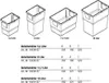 A diagram showing different sizes of waste bins with their corresponding dimensions and article numbers. Produktbild-Vorschau