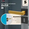 A marketing image showcasing a black and gold door handle set with text highlighting its features and brand. Produktbild-Vorschau