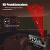 A projection alarm clock is shown in a dimly lit room, projecting time onto a ceiling. The clock is on a stand, displaying the time and temperature. Text overlays describe features and specifications. Produktbild-Vorschau