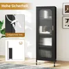 A tall, narrow black cabinet with a glass door is shown in a room setting. There are inset images highlighting safety features. Podgląd zdjęcia produktu