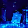 A string of blue LED lights is draped around a photo frame, a book, and a bottle on a shelf. Produktbild-Vorschau