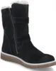 A black suede boot with white fur trim and buckle details is shown against a white background. Produktbild-Vorschau