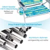 Close-up of a beach chair with text highlighting its materials and frame. Produktbild-Vorschau