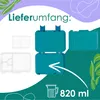 A marketing image showing a teal lunchbox with its lid open, revealing compartments. There are also clear plastic inserts shown separately. Text indicates 'Lieferumfang:' (Scope of delivery) and '820 ml' with a beaker icon. Anteprima dell’immagine prodotto