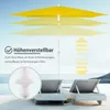 A yellow umbrella is shown in three different height positions over two lounge chairs on a deck by the water. Produktbild-Vorschau
