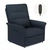 A dark blue upholstered electric recliner chair shown from a slightly angled front view against a white background. A black remote control with two buttons is shown in a small circular inset in the upper right corner.