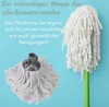 Two mop heads are shown against a light blue background. One is detached and lying flat, while the other is attached to a green handle and stands upright. Produktbild-Vorschau