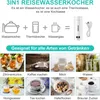 A collage of images showcasing the versatility of a travel water kettle, with text descriptions in German. Produktbild-Vorschau