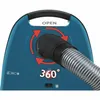 Close-up of the top part of a blue vacuum cleaner, showing the hose connection point with rotational arrows indicating 360-degree movement and the word "OPEN". Podgląd zdjęcia produktu