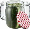Three glass jars, one filled with pickles, and a red and white checkered lid are arranged on a white background. Anteprima dell’immagine prodotto