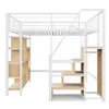 A white metal loft bed with wooden shelves and stairs against a white background. Voir les images du produit
