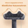 A close-up of the top platform of a cat tree, designed to resemble cat ears, with text overlay. Produktbild-Vorschau