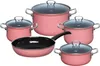 A set of pink cookware with glass lids and silver handles, including pots and a frying pan, arranged on a white background. Anteprima dell’immagine prodotto
