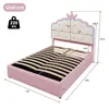 A pink bed frame with a crown-shaped headboard, showing dimensions and weight capacity. Podgląd zdjęcia produktu
