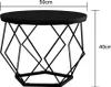 A black round coffee table with a geometric metal base, shown with dimensions. Produktbild-Vorschau